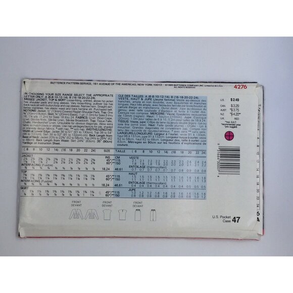 Butterick 4276 Misses Jacket Top Skirt Size 6-14 Uncut New Vintage See & Sew 80s - Picture 4 of 4